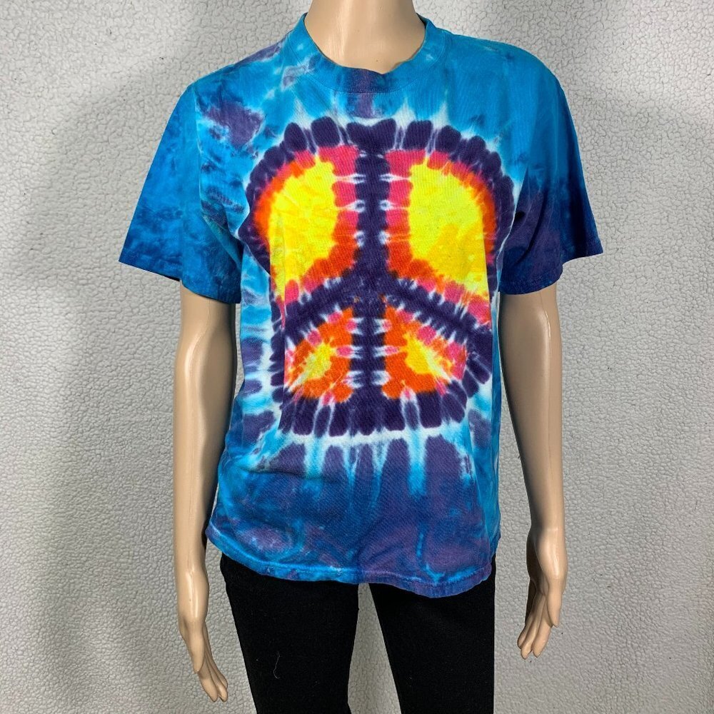 Hand dyed By SunDog Tye Dye Peace Sign T Shirt Two Sided Size Small